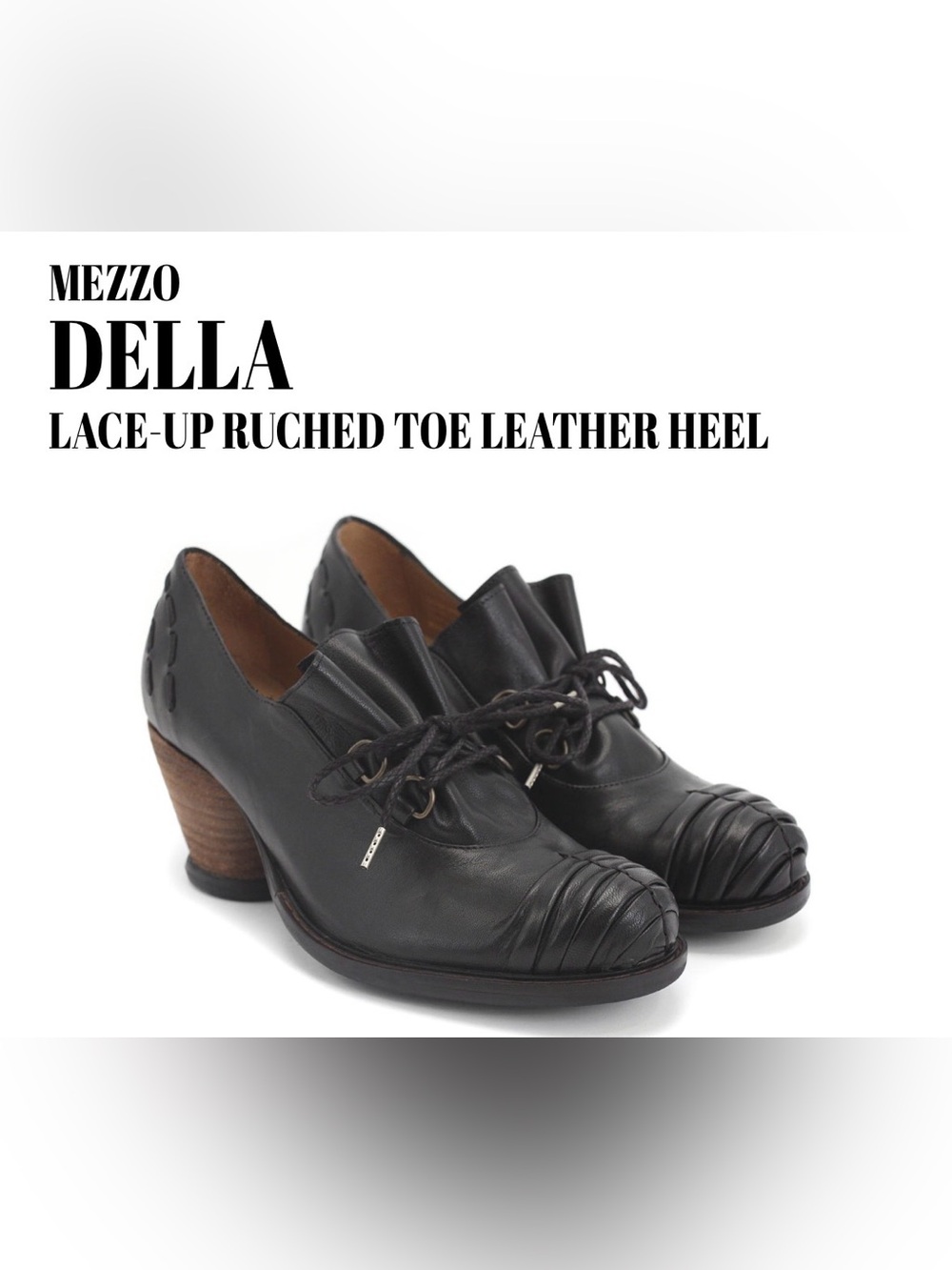 Fluevog LIKE NEW Mezzo Della black leather ruched toe lace-up retro heel -6.5